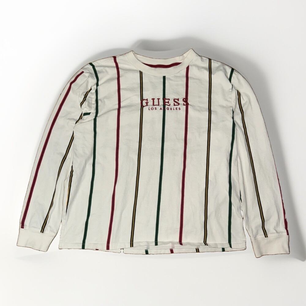 Guess Los Angeles Vertical Striped Long Sleeve T-Shirt White Large 21x24